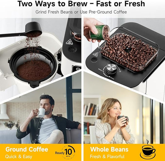 Drip Coffee Maker with Built-in Grinder, 10-Cup Programmable Brew Coffee Machine with Timer, Touch Screen, Self-Cleaning, Reusable Filter, 1.5L Removable Water Tank, Warming Plate, White
