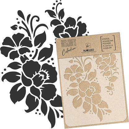 NAKLEO Painting Stencil for Crafts A5 5.9” x 8.3”, Flowers Frame Floral Pattern, Reusable Plastic DIY & Scrapbooking Drawing Template, Decoupage Art Home Decor, Wall Wood Fabric Furniture