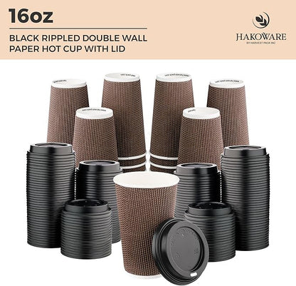 [85 SET]Harvest Pack 16 oz Coffee Cups, Disposable Insulated Ripple Coffee Cups, Double-Walled To go Cups with Lids, Brown Geometric, Drinking Paper Cups for Tea Hot Chocolate Drinks