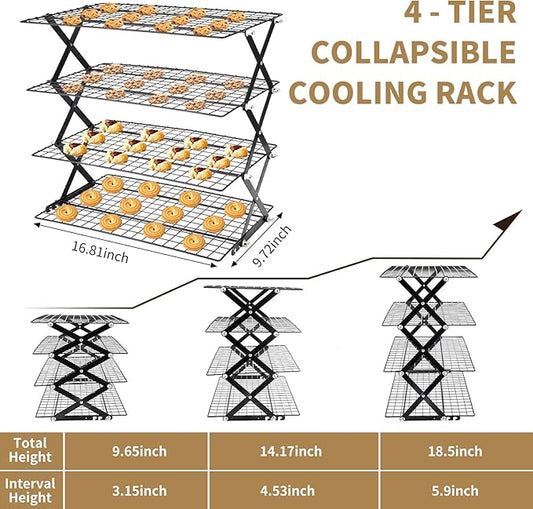 Cooling Racks for Cooking and Baking，2/3/4-Tier Upgraded Collapsible Cooling Rack，Adjustable 3 Setting Stackable Design，Nonstick Wire Rack for Baking，Roasting，Drying，Cookie，Cake，Muffins，Space Saving
