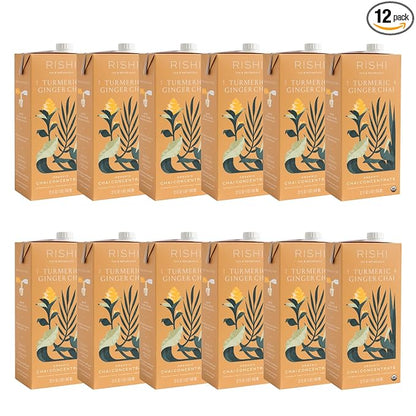 Rishi Tea Turmeric Ginger Chai Latte - Organic Herbal Tea Concentrate with Ginger - Easy-to-Serve Hot or Iced, Caffeine Free - 32 Fl Oz (Pack of 12)