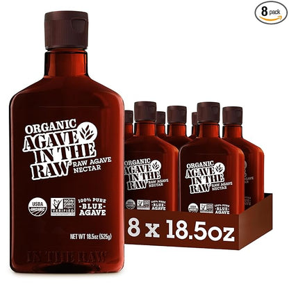 Agave In The Raw Organic Agave Nectar Sweetener, Blue Agave Syrup, No Erythritol, Sugar Substitute for Coffee, Baking, Hot & Cold Drinks, Natural, Low Carb, Vegan, Gluten-Free, 18.5oz Bottle (8 Pack)