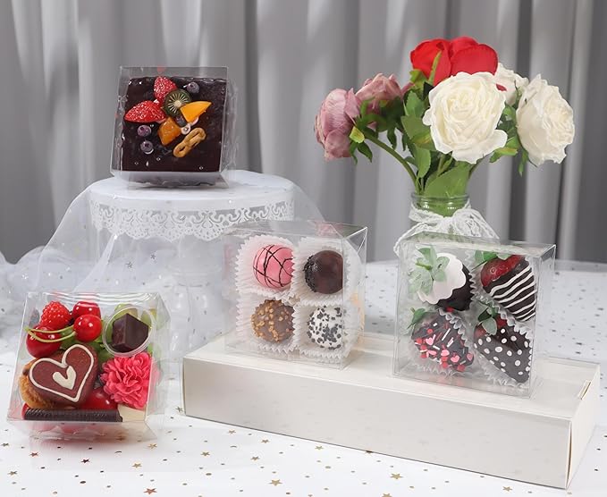 RomanticBaking 25PCS 5x5x2 Inches Full Clear Cookies & Cake Boxes - Strawberries, Chocolate, Cinnamon Roll & Mini Cake Boxes