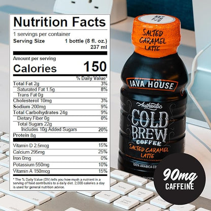 Java House Cold Brew Coffee Ready to Drink Bottles - Salted Caramel Latte - Pack of 12 8oz Bottles - 100% Arabica Coffee