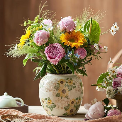 Round Pastoral Ceramic Vase, 6.3 Inch Chinoiserie Sunflower Yellow Floral Vases, Retro Ice Cracked Rustic Antique Flower Vases for Rustic Living Room Home Decor (Large Round)
