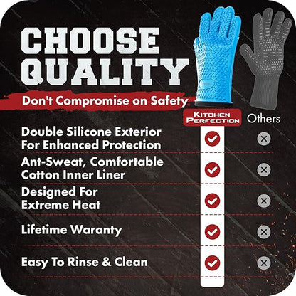 KITCHEN PERFECTION S Silicone Smoker Oven Gloves -Extreme Heat Resistant BBQ Gloves -Handle Hot Food Right on Your Grill Fryer Pit|Waterproof Oven Mitts |Superior Value Set+3 Bonuses