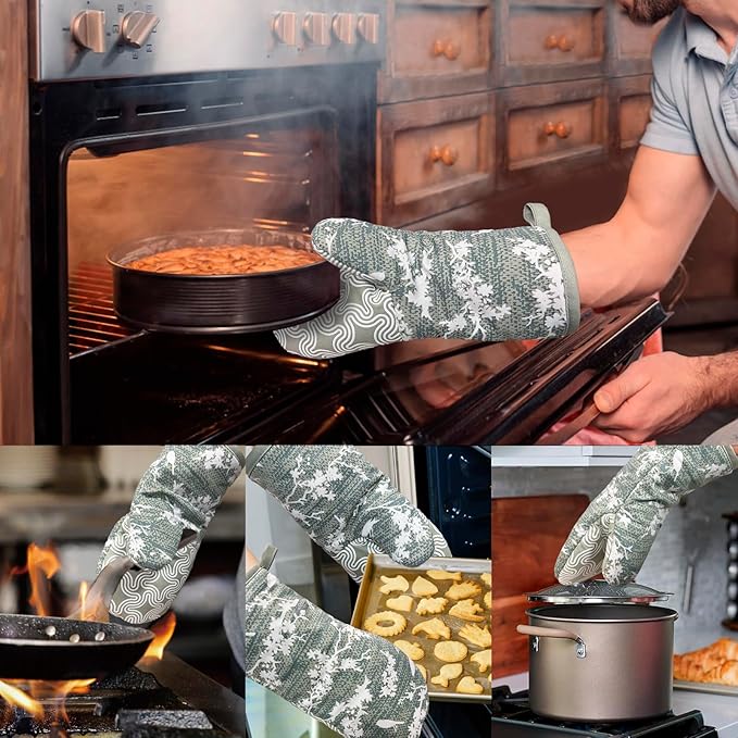 Thumb Oven Mitts, Heat and Slip Resistant Silicone Kitchen Mittens 2-Pack Set, Aqua Birds Soft Long Oven Gloves, Flexible Thick Potholders for Safe Baking Cooking and Grilling (Aqua)