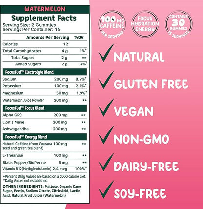 FocusFuel Energy Chews – Watermelon Flavor (15 Servings) – 100mg Caffeine + L-Theanine + B12, Magnesium – All-Natural Energy Boost – No Crash or Jitters
