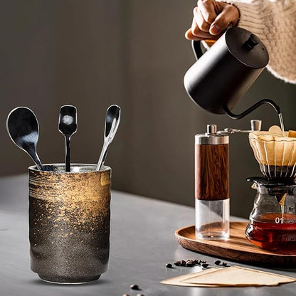 Ceramic Spoon Holder for Coffee Bar, Upright Tea Spoon Holder Cup, Coffee Stirrers Straws Stir Stick Holder, Red Strips