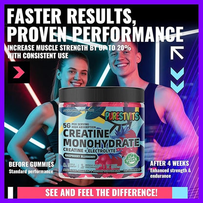 Creatine Monohydrate Gummies (5g) – Pre-Workout Energy & Muscle Growth Support for Men & Women | Blueberry Raspberry Electrolyte Gummies (135 Count)