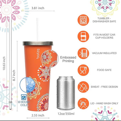 bzyoo SUP Double Wall Vacuum Insulated 24oz Tumbler with Straw and Lid Stainless Steel Water Bottle Travel Mug Cup, Mother's Day Gift Perfect For Ice Coffee or Tea Color: Orange Madallion