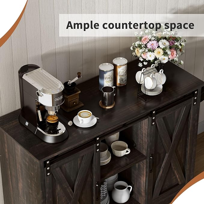 4 EVER WINNER Coffee Bar Cabinet with Sliding Barn Doors, 42” Sideboard Buffet Cabinet with Storage, Farmhouse Coffee Bar Station Table Liquor Wine Bar with Shelves for Kitchen, Espresso