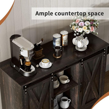 4 EVER WINNER Coffee Bar Cabinet with Sliding Barn Doors, 42” Sideboard Buffet Cabinet with Storage, Farmhouse Coffee Bar Station Table Liquor Wine Bar with Shelves for Kitchen, Espresso