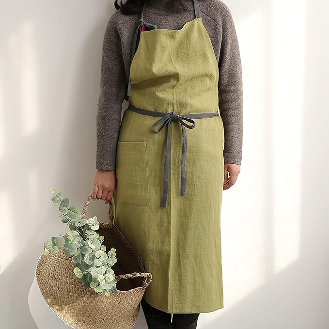 HANEE Kitchen Apron for Women & Men (9 Colors) Linen Cooking Aprons with pocket