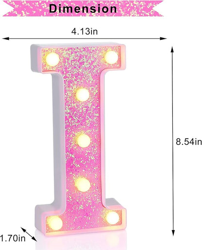 Foaky Pink Light up Letters，Pink Party Decorations,Girls Room Decor,Glitter Light Up Letters,Alphabet Letter Sign for Night Light Birthday Party Girls Gifts, Home Bar Decoration（I）