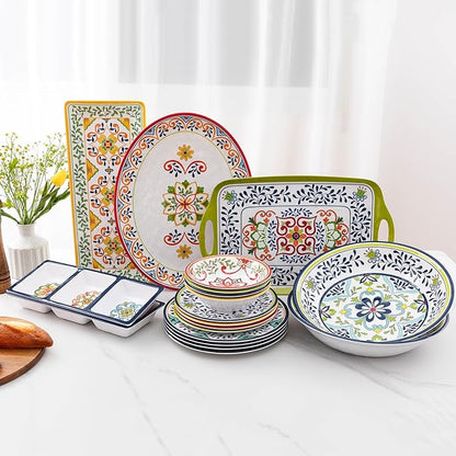 3-Section Divided Serving Trays, Talavera 14.75”x 6” Unbreakable Melamine Serving Platter for Serving Food, 3 Compartment Condiment Tray, Rectangular Condiment Server Set of 2