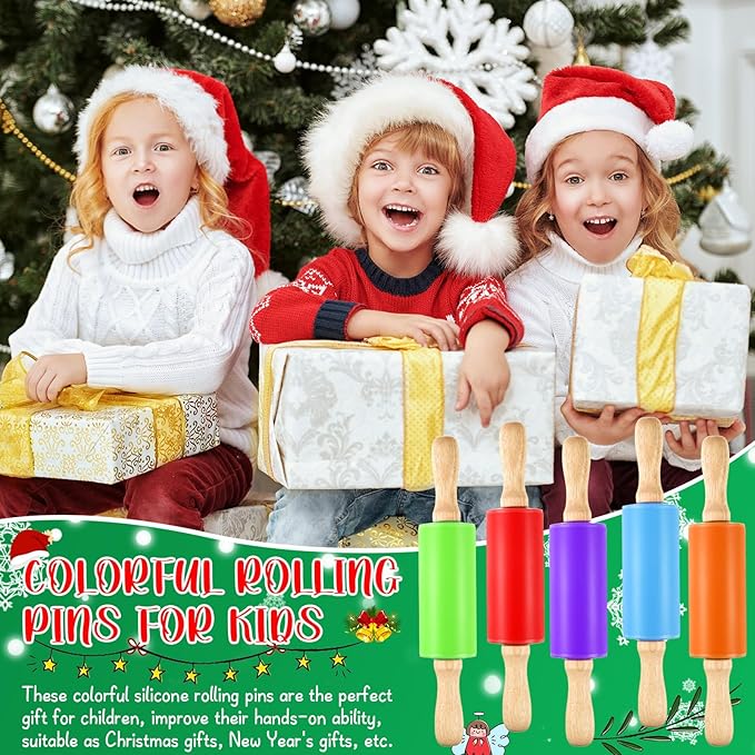 20 Pcs Small Rolling Pin Kids 9 Inch Mini Rolling Pin Silicone Wooden Cooking Pins Baking 5 Colors Non Stick Kids with Wooden Handle for Kitchen Dough Cookie Pastry Fondant Cake