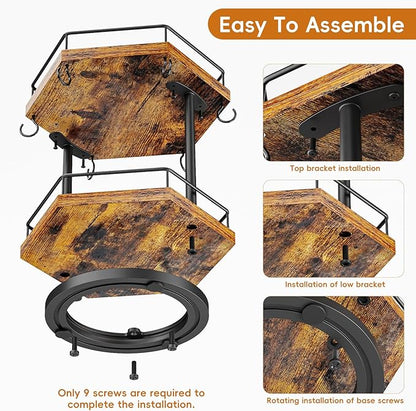 KLM 2 Tier Coffee Bar Organizer Countertop Station Shelf for Home Office, Multi-Functional Coffee Mug Cup Holder Stand, Accessory Storage Rack with 6 Hooks, 360° Rotated Coffee Cup Holder for Counter