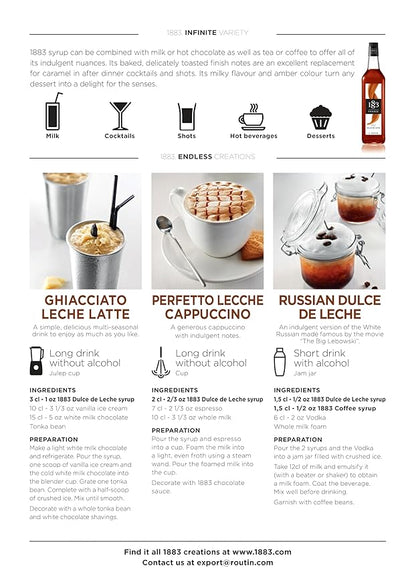 1883 Coffee Syrup, Dulce De Leche Syrup for Drinks, Made in France, 1 Liter Glass Bottle