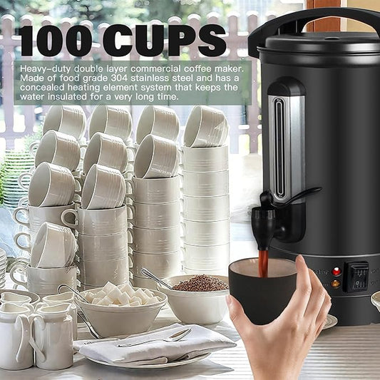 Coffee Maker 100 Cup Commercial Coffee Urn,Hot water/beverage Machine and Drink Dispenser-Premium 304 Double-Wall Stainless Steel Electric Percolator Coffee pot,Keep Warm for Hours,Matte Black