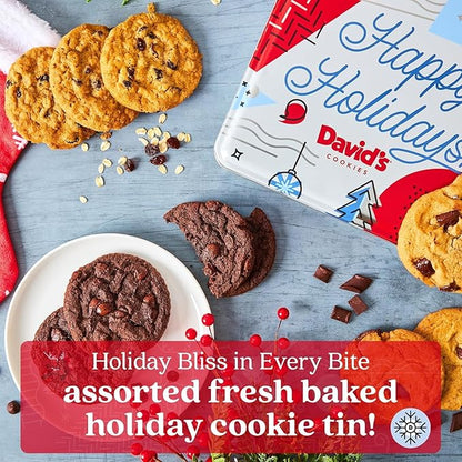David’s Cookies Winter Wonderland Assorted Christmas Cookies Tin - Delicious Chocolate Chunk & Oatmeal Raisin Cookies - Fresh-baked and Homemade Cookies - Gourmet Holiday Food Gift Basket for Everyone