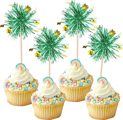 30 PCS Foil Firework Cupcake Toppers Happy Birthday Star Cupcake Picks Sparkle Tinsel Drink Stirrers Cocktail Fruit Toothpicks for Valentine's Day Wedding Birthday Party Decorations Supplies Green