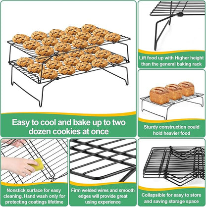 P&P CHEF Cooling Rack Set of 2, 2-Tier Stackable Stainless Steel Wire Racks for Baking Cooking Cooling Roasting, Collapsible & Heavy Duty, Oven Safe & Easy Clean, 15" x 10", Black