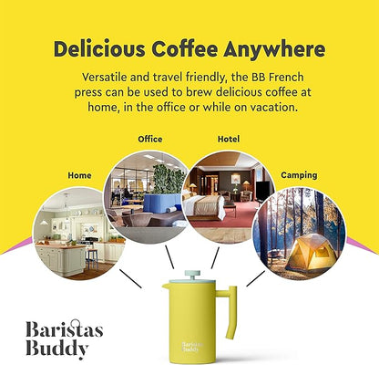 Yellow French Press Coffee Maker - Colorful, Retro And Stylish Insulated Coffee Brewer - Large Size Brews 4 Cups