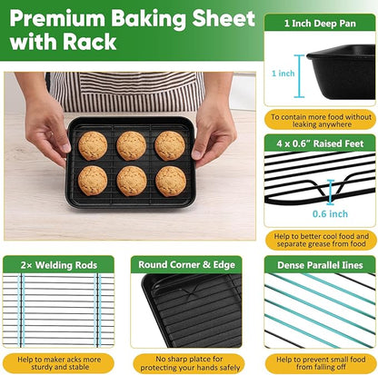 P&P CHEF Baking Oven Sheet Pan with Rack for Cookie, Nonstick Oven Tray and Cooling Rack for Baking & Roasting, Easy Clean, Black, 9.3 x 7 Inch