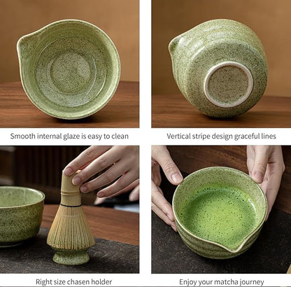 Matcha Set, Matcha Whisk Set Includes Matcha Bowl with Spout, Bamboo Whisk, Matcha Whisk Holder, Sifter, Scoop, Spoon Holder, Tea Towel- 7pcs Perfect Matcha Kit for Matcha Tea Ceremony (Jade Green)