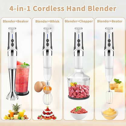 Cordless Immersion Blender: 4-in-1 Rechargeable Electric Hand Blender, 21-Speeds & 3-Angle Adjustable with 700ml Chopper, 700ml Beaker, Egg Whisk and Beater for Smoothies, Soup, Baby Food (White)