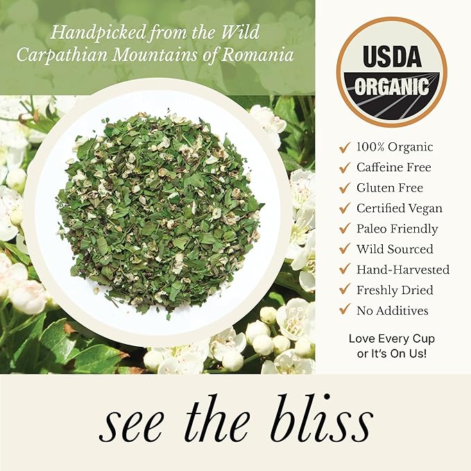 Organic Wild Hawthorn Leaf and Flower Herbal Tea - Caffeine Free - Pharmacopoeia Potency - 75 Plant Based Tea Bags