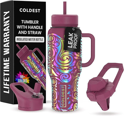 Coldest 40 oz Tumbler with Handle and Straw - 100% Leak Proof Insulated Tumbler with Lid and Straw (3 Lids) - Stainless Steel Tumblers for Women & Men - Cup Holder Friendly Base, 36 oz (Rose Spiral)