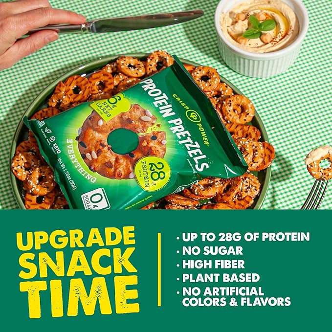 Crisp Power Protein Pretzels, Everything, High Protein Vegan Keto Snack, 28 G Plant Based Protein, Low Carb Crunchy Pretzel Snacks, No Added Sugar, No Seed Oils, 1.75 oz Bags, 24 Pack