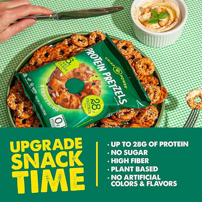 Crisp Power Protein Pretzels, Everything, High Protein Vegan Keto Snack, 28 G Plant Based Protein, Low Carb Crunchy Pretzel Snacks, No Added Sugar, No Seed Oils, 1.75 oz Bags, 24 Pack