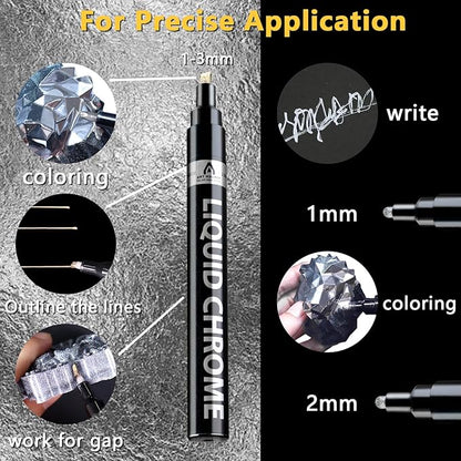 Renfio Chrome Paint Markers, 4 Colors Liquid Chrome Metallic Markers Mirror Repair Liquid Metallic Pen for Repairing Model Painting Resin DIY Craft Coloring (1-3mm) - Silver&Gold&Rose Gold&Copper
