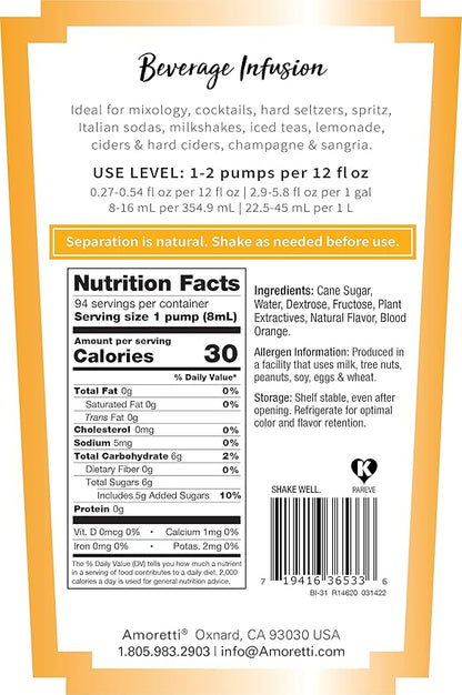 Amoretti - Spicy Blood Orange Beverage Infusion Drink Mix & Water Enhancer with Pump for Flavoring Cocktails, Waters, Tea, and other Beverages, 94 Servings Per Bottle (750 ml), Preservative Free