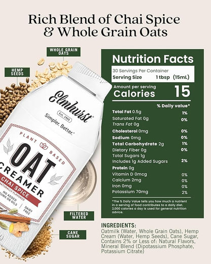 Elmhurst 1925 Chai Spice Oat Creamer - 16 Ounce (Pack of 6) Dairy-Free, Vegan, Kosher, Low Sugar, Shelf Stable Creamer Made with Oat Grains & Chai Spice for Healthier, Simpler Plant Based Alternatives