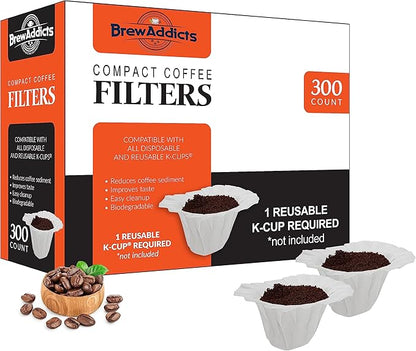 300 Paper Coffee Single-Use Filters for for Keurig Brewers and Compatible with K-Cup Pods 1.0 & 2.0 Models, White Compact Design
