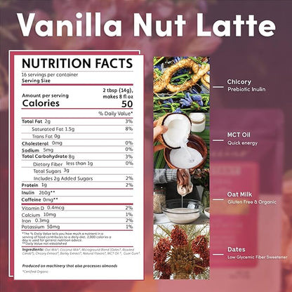 Teeccino Organic Instant Vanilla Nut Herbal Latte – 14 Servings – Creamy Oat & Coconut Latte Plus MCT Oil with Vanilla & Dates Accenting Roasted Chicory – Prebiotic, Caffeine-Free – 7.9 ounces