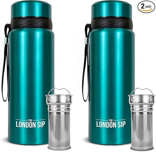 London Sip 25 oz Multi-Function Travel Mug and Tumbler Tea Infuser Water Bottle Fruit Infuser Flask Hot and Cold Double Wall Stainless Steel Coffee Thermos, Celestial Blue, Pack of 2