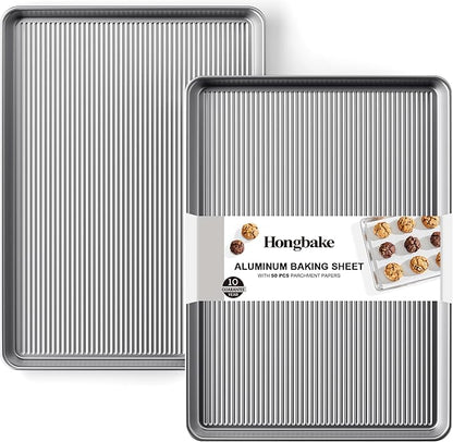 HONGBAKE Aluminum Cookie Sheets for Baking, 2-Pack Commercial Quality Half Sheet Pan, Baking Sheets Non Stick with 50 PCS Parchment Paper, 12.8 x 17.7 in, Silver