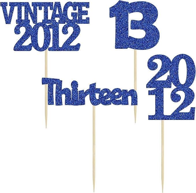 Gyufise 24Pcs 13th Birthday Cupcake Toppers Glitter Thirteen Vintage 2012 Official Teenager 13 Cupcake Picks Birthday Cake Decorations for Happy 13th Anniversary Party Supplies Deep Blue