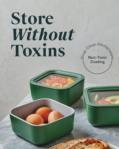 Caraway Glass 4.4 Cup Food Container - Ceramic Coated for Nonstick Storage with Glass Lids - Dishwasher, Oven & Microwave Safe