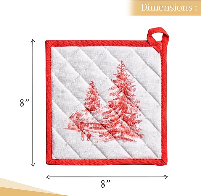 Maison d' Hermine Pot Holders Set 100% Cotton Heat Resistant Potholders 8" x 8" Hot Pads with Loop BBQ, Cooking, Baking, Grilling, Kitchen, Handling Hot Pans (Pack of 2, Winter Jouy)