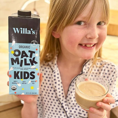 Willa's Organic Kid's Oat Milk Unsweetened with 8g Protein & 240g Calcium, Plant-Based Milk for Kids, Dairy-Free, Low Sugar, 2g Fiber – 32 oz, 6 Pack