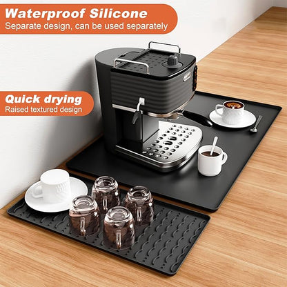 Silicone Coffee Mat, 24 x 16 Inch Non-Slip Heat Resistant, Large and Small Combination Bar Mat, Convex Edge Spill Resistant Design for Coffee Machines and Kitchen Countertops,Wave Pattern Black