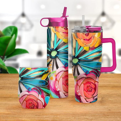 RainCaper 18/8 Stainless Steel Insulated Water Tumbler with Straw | 30oz, BPA-Free, Double Wall for Hot & Cold | Travel-Friendly, Cup Holder Ready (EttaVee Flowers On Glass)