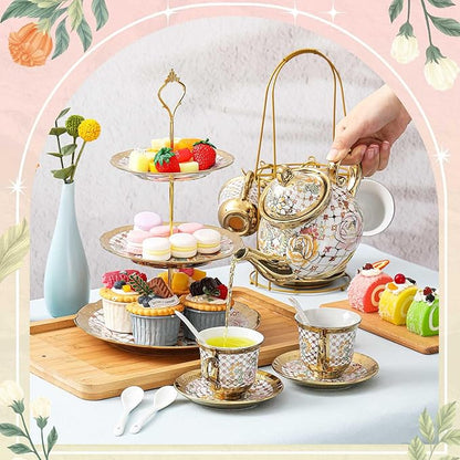 Maxcheck 21 Pcs Tea Party Set for Adults European Floral Tea Set with Metal Holder and 3 Tier Ceramic Cake Stand Porcelain Flower Cup Teapot for Dessert Cupcake(Stylish Style)