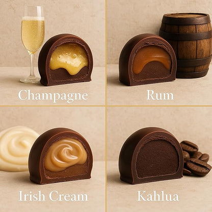 Andy Anand Chocolatier Champagne, Rum, Irish Cream & Kahlua Belgian Chocolate Truffles - Gluten Free Delicious & Divine Gourmet Liqueur Assortment - Perfect for Chocolate Lovers (24 Pcs)
